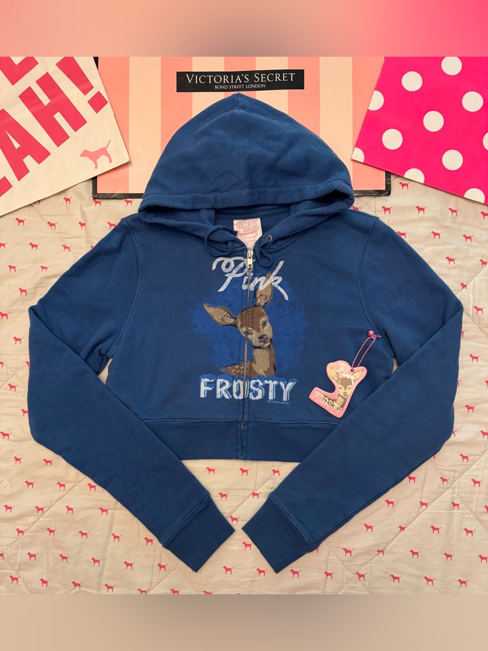 VS PINK VINTAGE Y2K ZIP HOODIE SWEATSHIRT BLUE “PINK & FROSTY” DEER RARE NWT LG